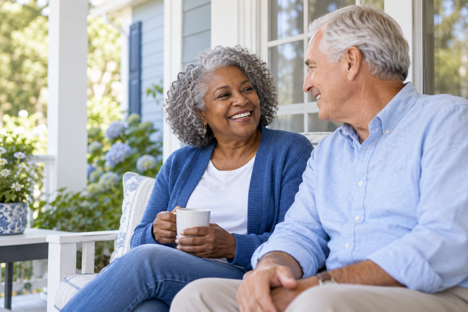 Illustrative portrait of two older adults enjoying a conversation at home